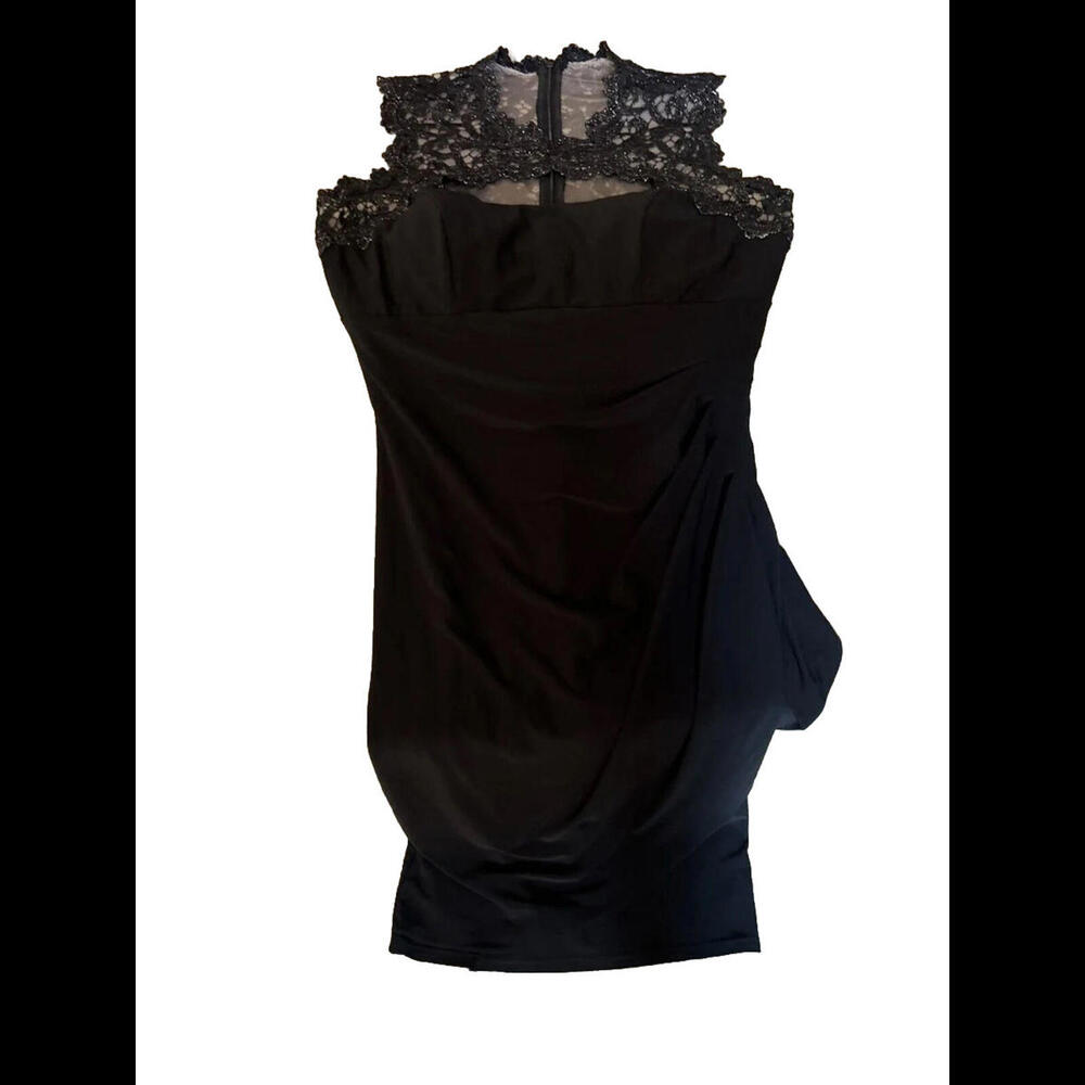 👗⚫️Cache Black Metallic Lace /Jersey Sleeveless Bodycon Cut Out Front Dress S 8